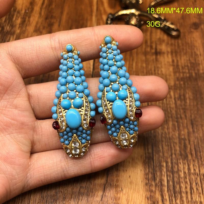 KEQIU Recycled aged gold snake-shaped necklace stud earring ancient-style , turquoise inlaid heavy industry jewelry