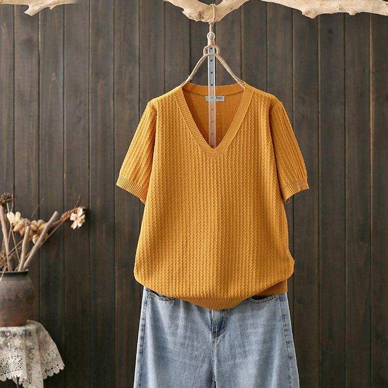 

Summer Plus Size 100.00kg White V-neck Tencel Short Sleeve Knitwear Women s Loose Thin White T-Shirt Anti-Aging Top Yellow 4XL