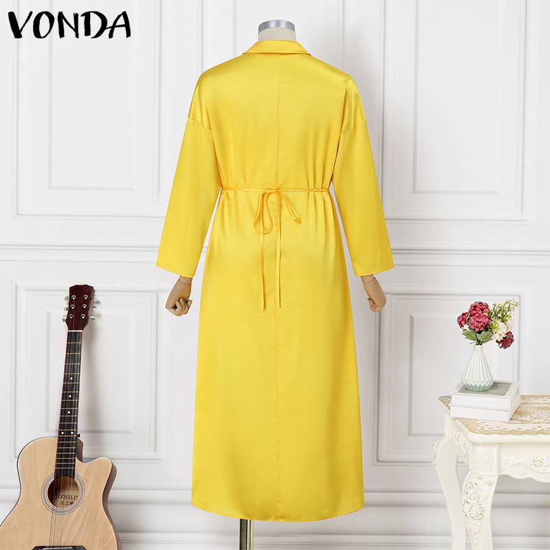 VONDA Vestido camisero de manga larga de satén con abertura en color liso a la moda para mujer