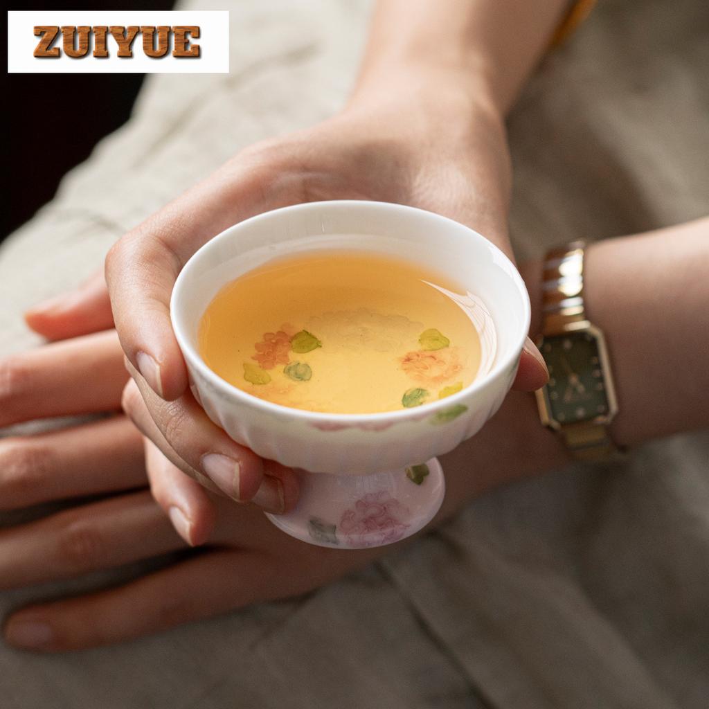 80ml Hand-painted Floral High Foot Teacup Aesthetic Tea Bowl Tea Pair Tea-tasting Meditation Cup Jianzhan Master Cups Tea Items