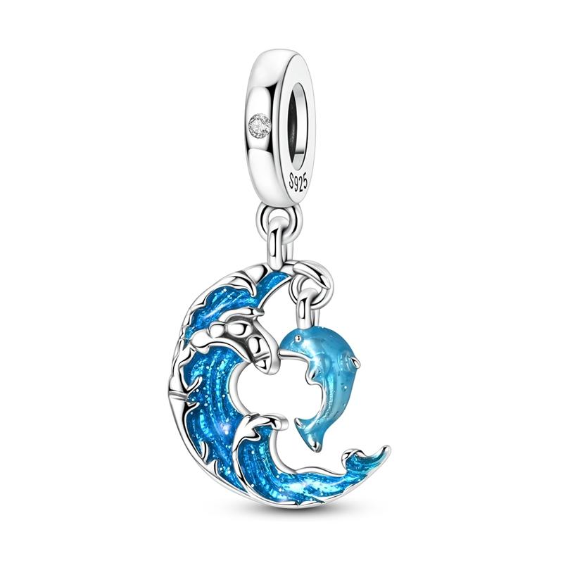 925 Silver Dolphin Pendant Charm Bead with Blue Waves Design for Women DIY Jewelry Bracelet Necklace Gift Accessories