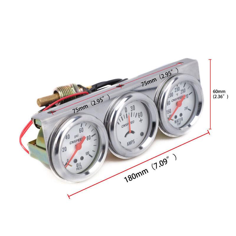 2" 52mm Oil Pressure Amp Meter Water Temp Triple Gauge 3 in 1 Set Chrome Panel
