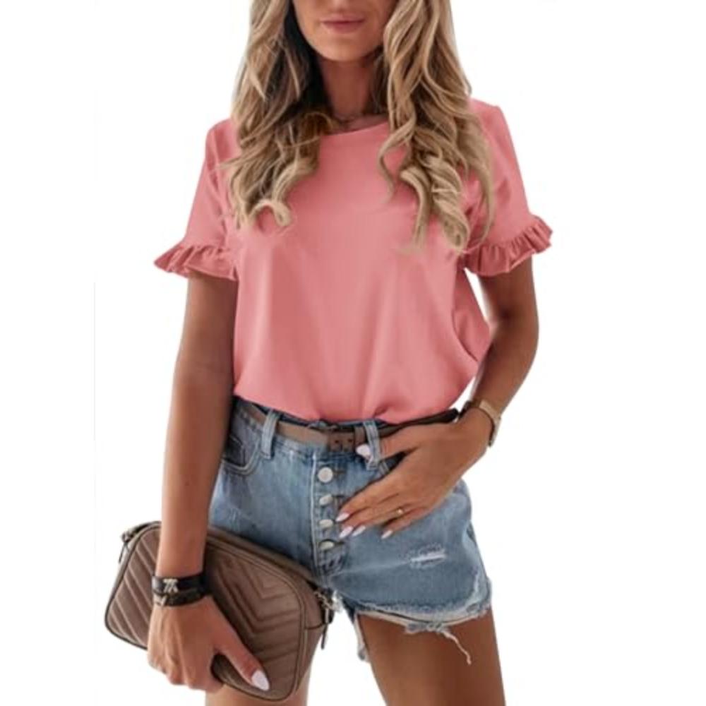 Top Liso de Cuello Redondo para Mujer con Mangas Cortas con Volantes