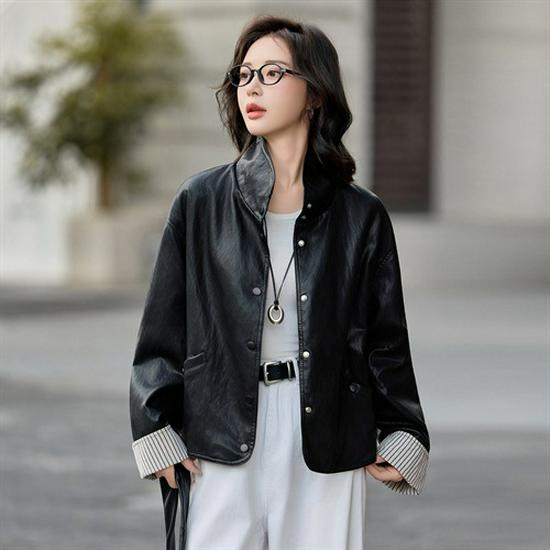 

2025 Осень Женская Мотоциклетная Кожаная Куртка Петит - Стильное, Уникальное и Шикарное Короткое Пальто XL чёрный