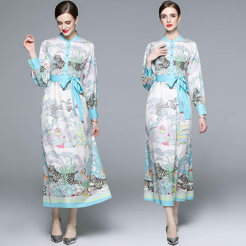 Spring Autumn Women Designer Vintage Print Runway Dress O-neck Long Maxi Party Shirt Dresses