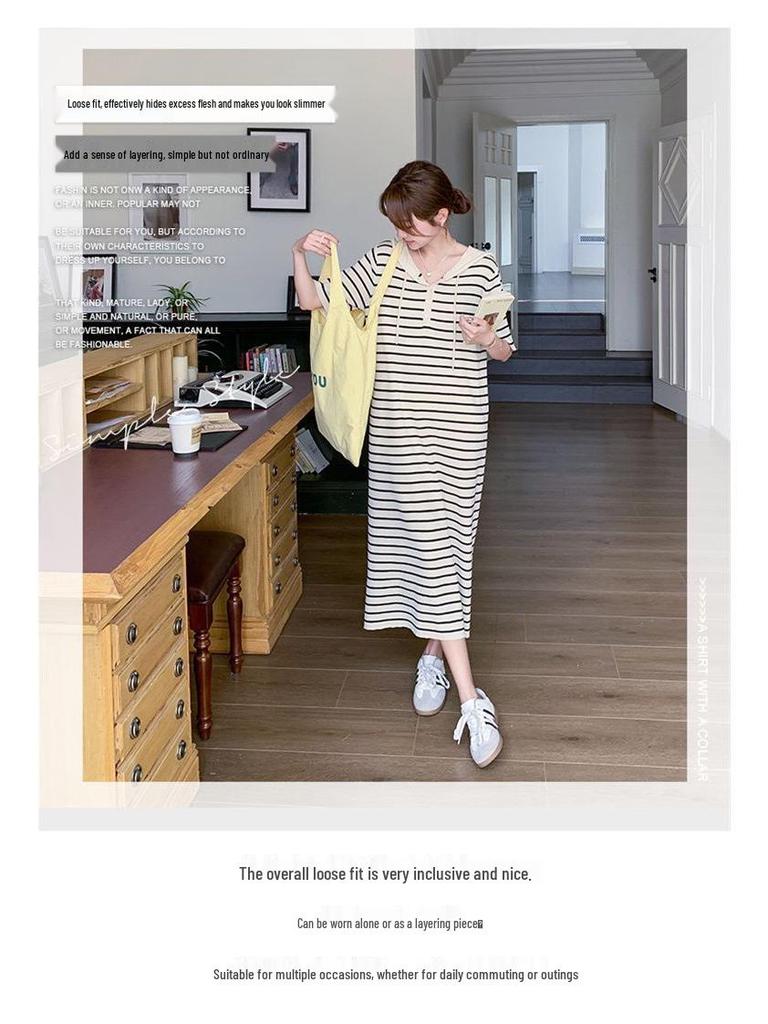 Korean Casual Striped Knit Hoodie Dress for Women, Summer College Style
