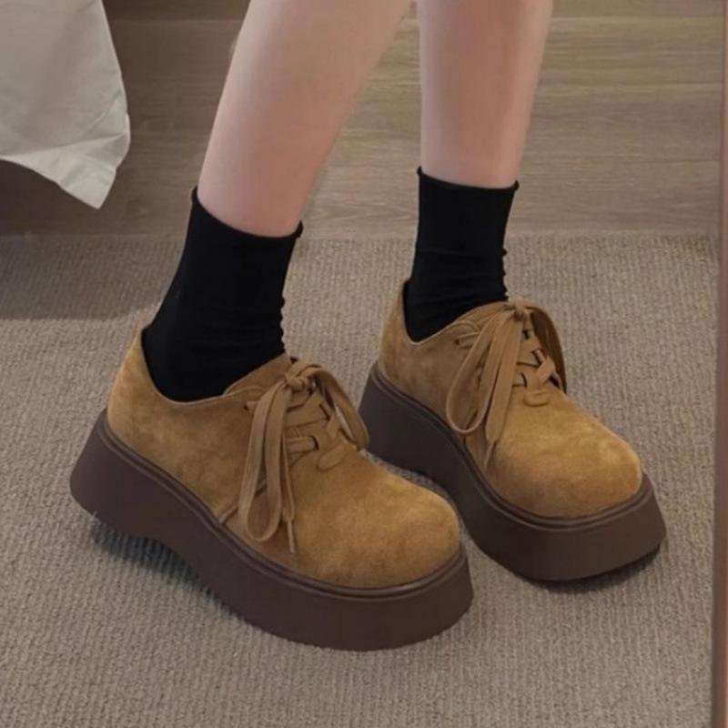 Retro Platform Shoes Women's New Spring and Autumn Small Man Height Increase Muffin Round Head Lace-up Single Shoes