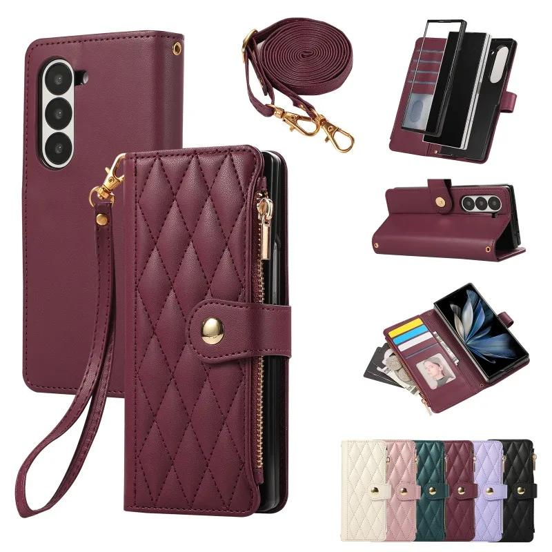 Crossbody Wrist Strap Wallet with Card Holder Phone Case for Samsung Galaxy Z Fold 7 6 5 4 Fold6 Fold5 Fold4 Fold3 Leather Cover