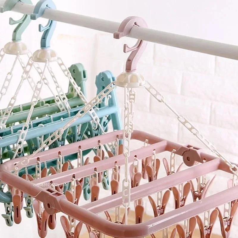 1/2/3/4pcs Clothes Drying Hanger With 32 Clips Multifunctional Household Windproof Socks' Clip Drying Rack Drying Hanger