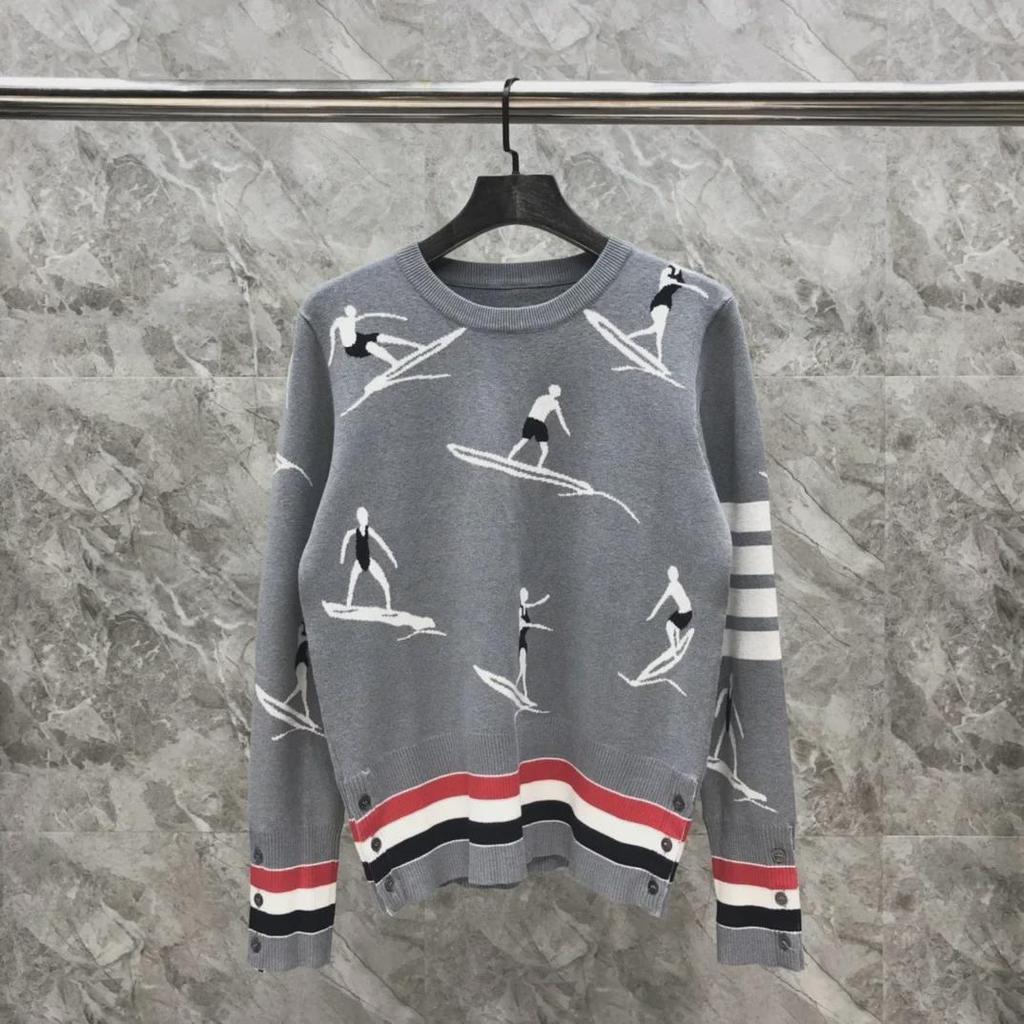 Unisex Knit Surf Jacquard Sweater - Round Neck, Wool, Casual All-Match for Autumn/Winter