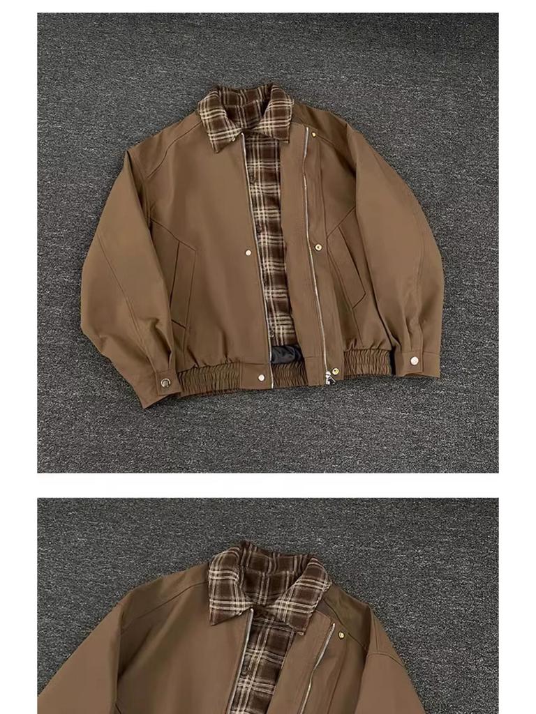 Men's Retro Plaid Patchwork Flight Jacket - Brown Casual Baseball Style