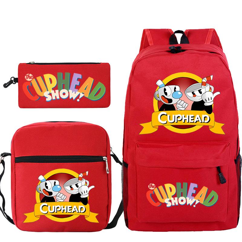 Cartoon Teacup Head Cuphead Student School Bag Backpack Three-piece Set Children's Shoulder Bag Pencil Bag