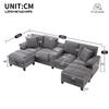 4-Seater Sofa in U-Shape with Storage, Corduroy Fabric, Stainless Steel Drink Holders and Two USB Ports, for Living Room, Bedroom and Apartments