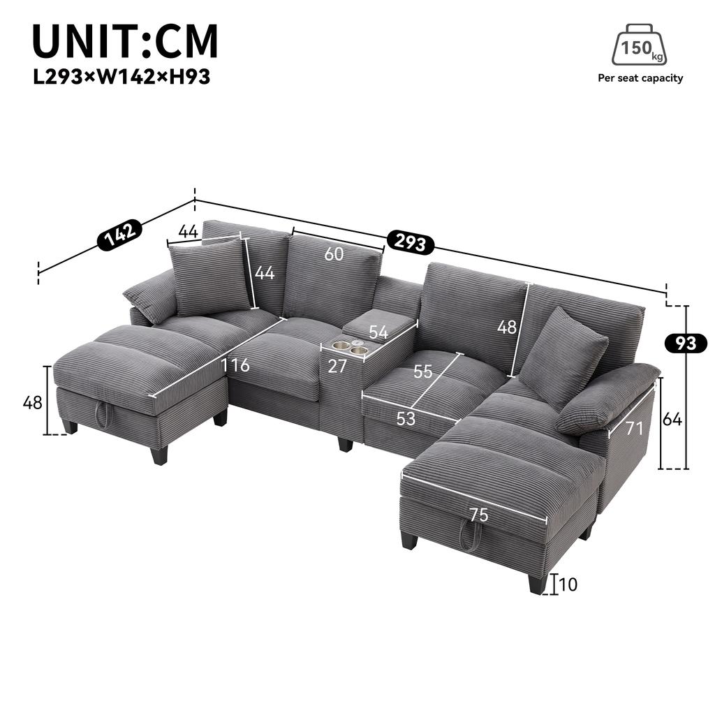 4-Seater Sofa in U-Shape with Storage, Corduroy Fabric, Stainless Steel Drink Holders and Two USB Ports, for Living Room, Bedroom and Apartments