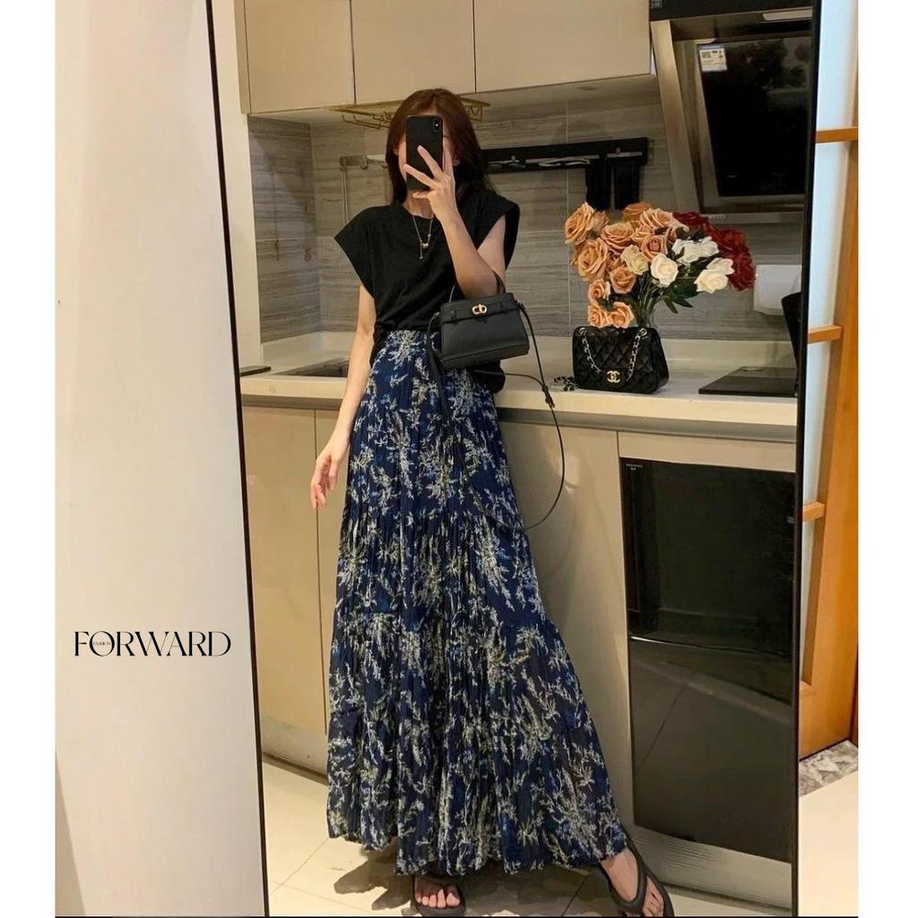 Retro Floral Multi-layer Patchwork Women's Chiffon Midi Skirt with Slimming Design