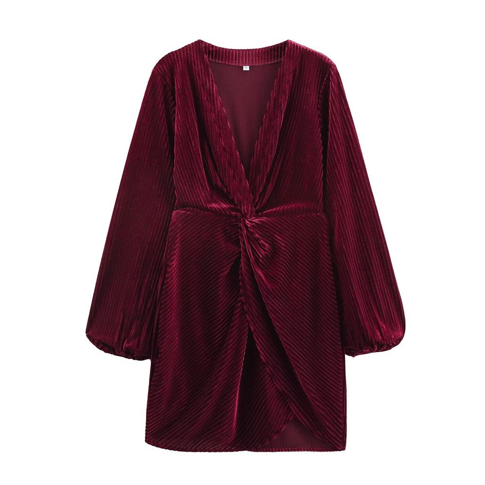

2025 Spring Women s Velvet V-Neck Dress with Knot Detail Large