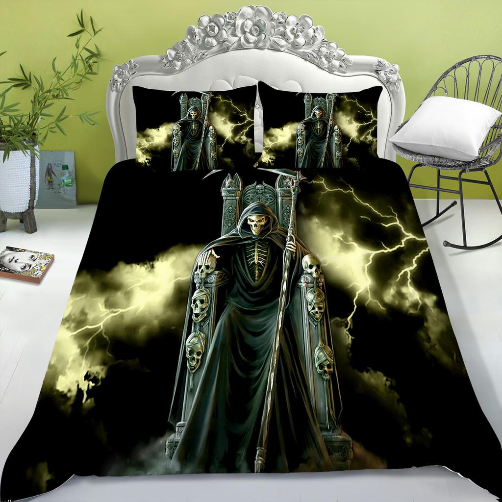 Bedding Set New Bed Cover 3D Skull Head Scary Print Family Bedroom Full Size Quilt Cover and Pillowcase Microfiber
