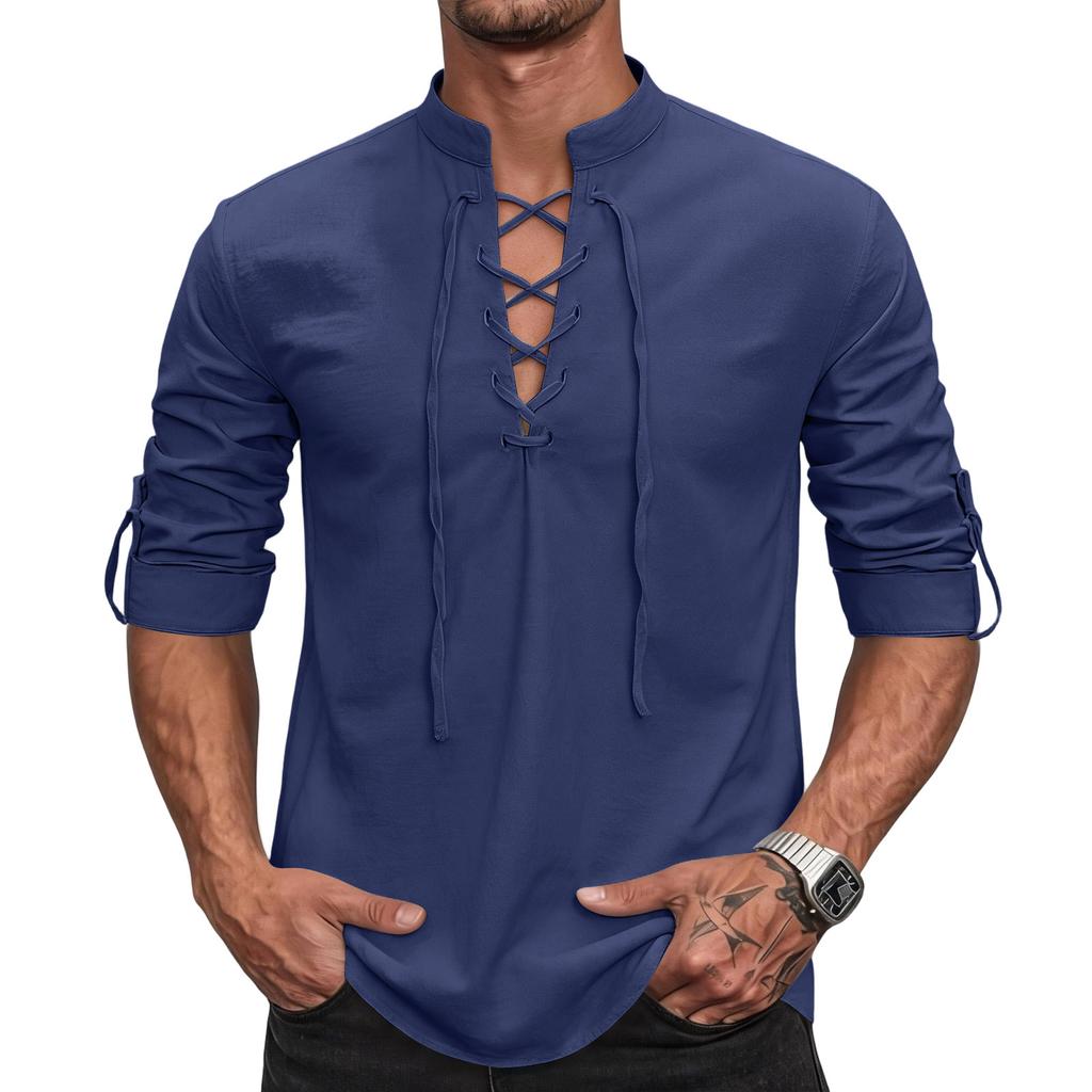 Men's Long Sleeve Shirt - Cotton Linen, Vintage , Button Stand Collar