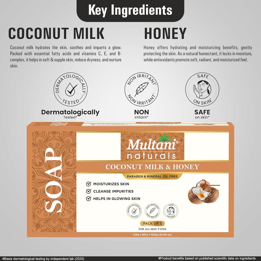 Savon pour le bain Multani Lait de Coco Naturel & Miel Lot de 5 Pièces (125 g Chacun) Savon Hydratant Nettoyant Doux Pour Hommes Femmes
