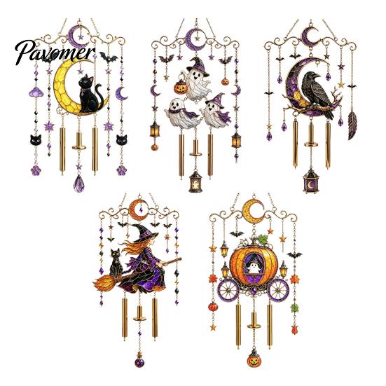 Unique Halloween Gifts for Friends Stained Glass Style Wind Chime, Acrylic Suncatcher Hanging Ornament with Ghost Black Cat Artistic Window