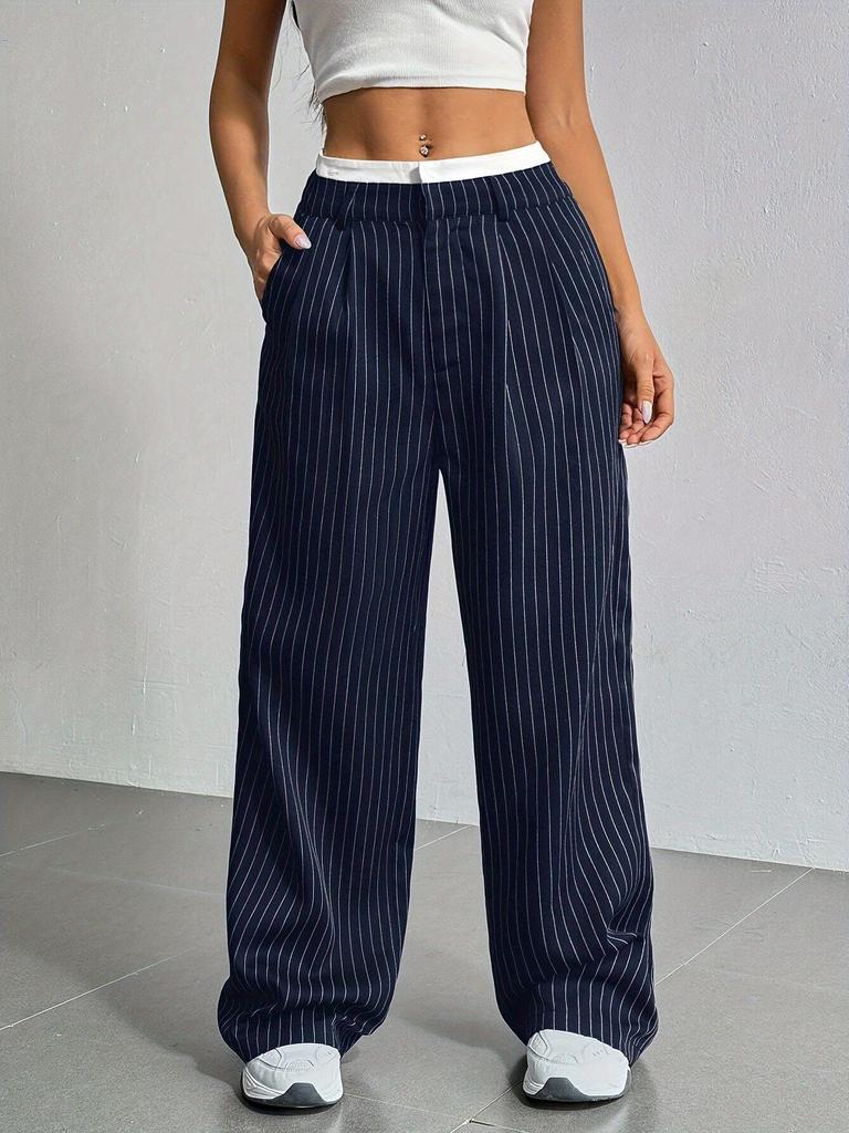 Women's High Waist Wide Leg Pants with Pleated Detail and Contrast Waistband