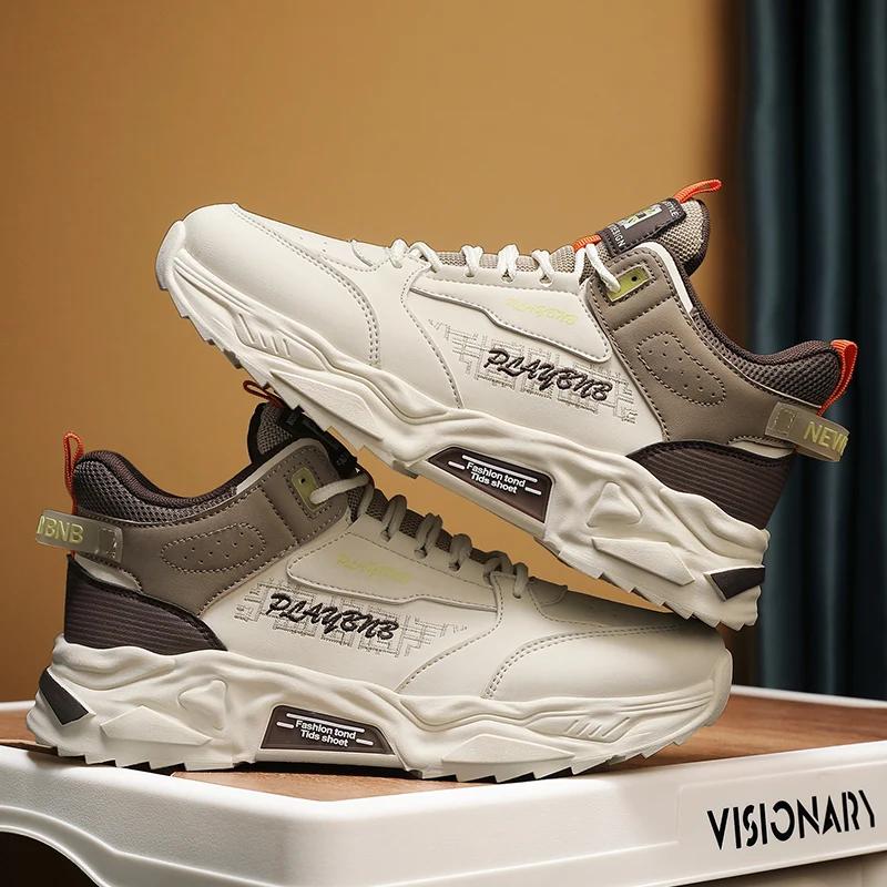 Fashion High Top Men Sneakers Leather Lightweight Mens Casual Shoes Outdoor Walking Shoes Breathable Anti Slip Running Shoes