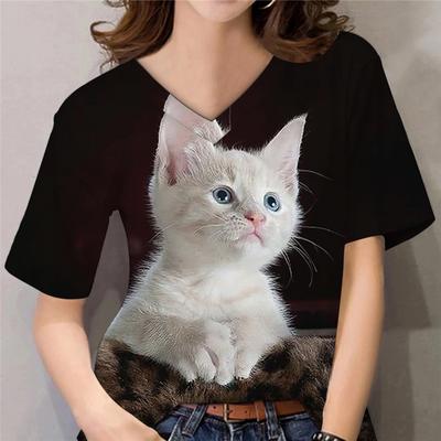 Camisetas femininas de manga curta com estampa de gato 3D, decote em V, estampa de animais fofos, pulôveres femininos, tops soltos, casuais, camisetas femininas
