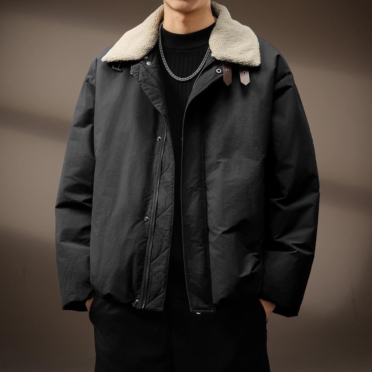 Men s Winter Lambswool Lapel Down Jacket - High-End Barn-Style Color Block Workwear 2XL fit for 170-190 jin