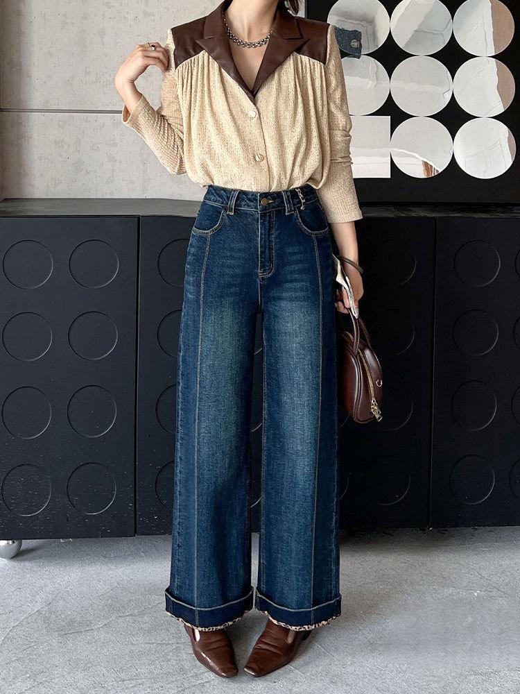 

2025 Leopard Print Slimming Wide-Leg Jeans - Stylish Turn-Up Design for Daily Commute Small джинсовий синього кольору