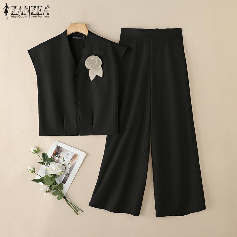 ZANZEA Women Sleeveless Blouse and Long Pants Casual Two Piece Suit Sets