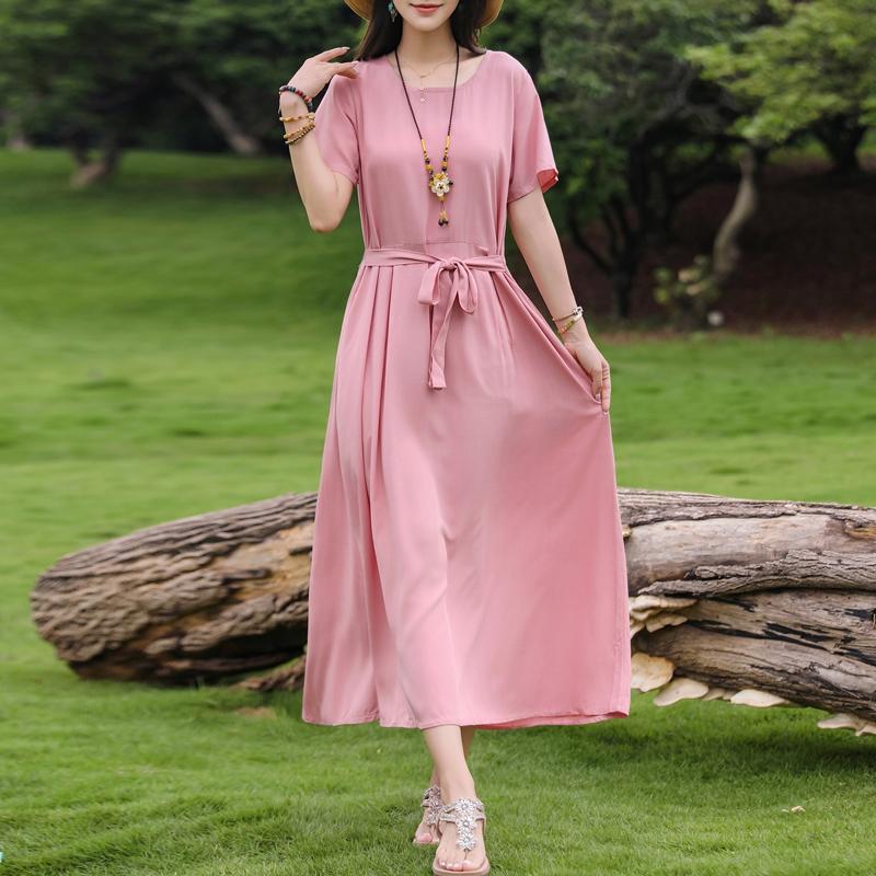 

Women s Geometric Print Maxi Dress, Tie Waist Short Sleeve Casual Summer Dress (XL-5XL) 5XL рожевий