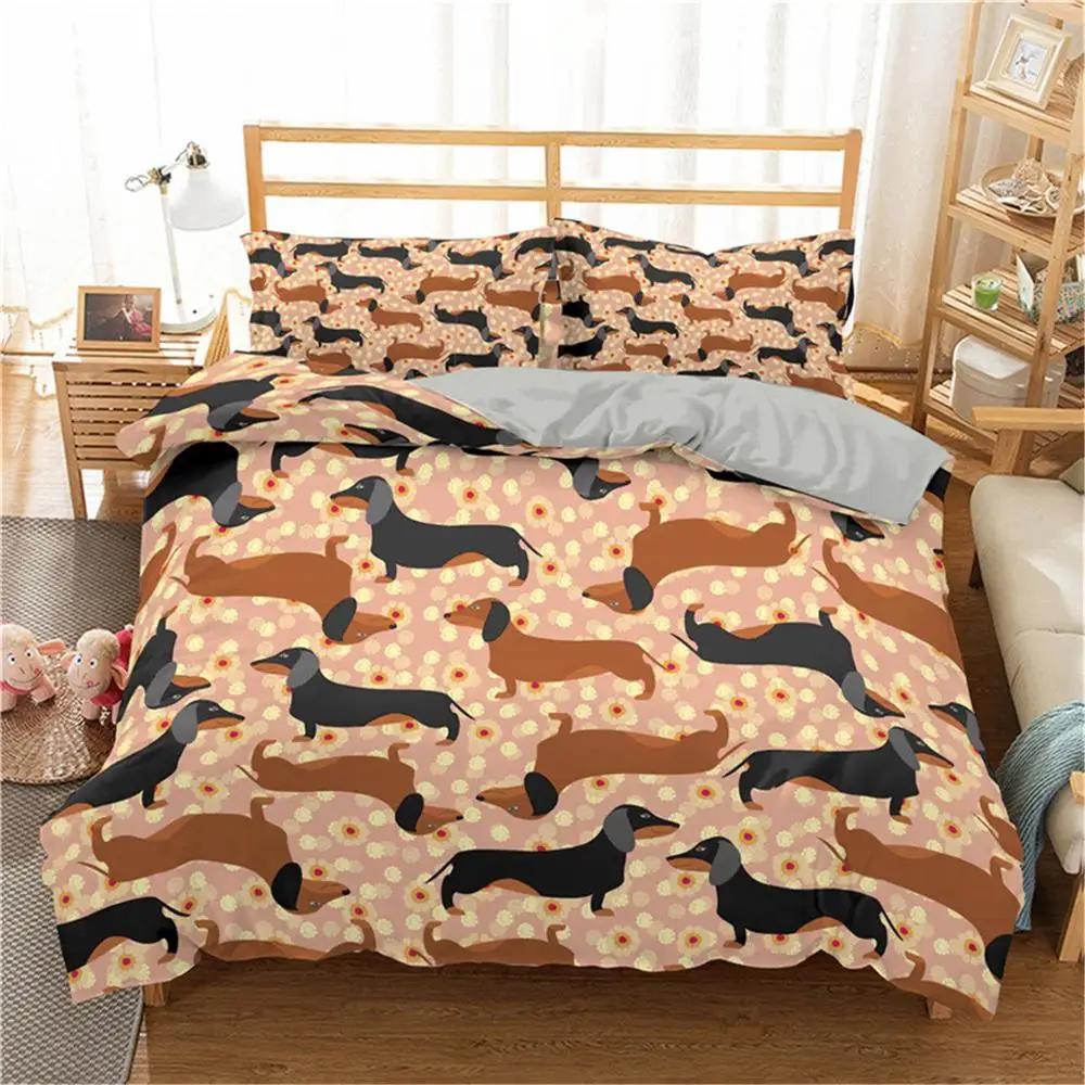 Cartoon Dachshund Bedding Set Cute Sausage Dog Duvet Cover Set Pet Puppy Printed Comforter Cover Animal Polyester Quilt Cover