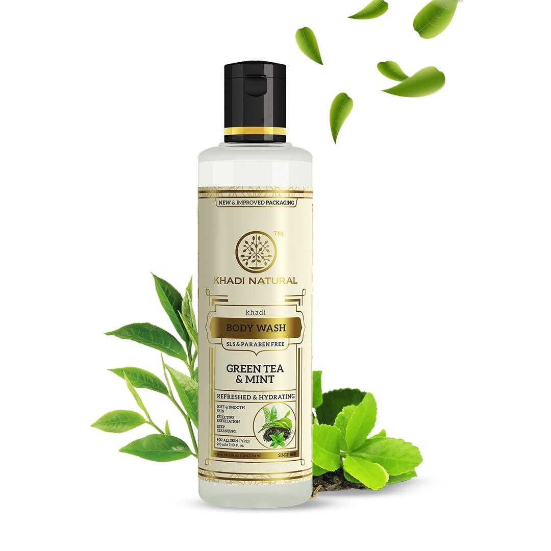 Khadi Natural Green Tea Mint Herbal Body Wash SLS Paraben Free Deep Cleansing Refreshing Bath Cleanser For Soft Smooth Skin 210 ml