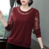 Long Sleeve Shirt Women Spring Loose Middle Age Mom Round Neck Base Layer Lace Blouse