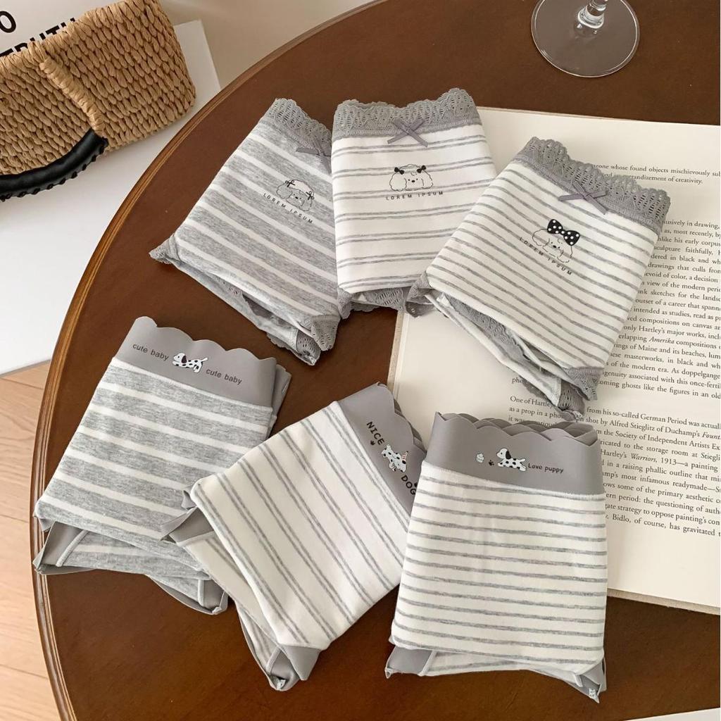 A053 Women's Soft Gray & White Striped Triangle Briefs - Skin-Friendly, Hip-Wrapping, Pure Cotton, Antibacterial Style for Teens, 2025 Collection.