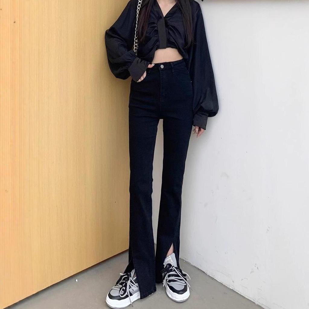 Women's High-Waisted Black Micro-Flare Jeans - Spring 2025 Slimming Versatile Straight Leg Pants