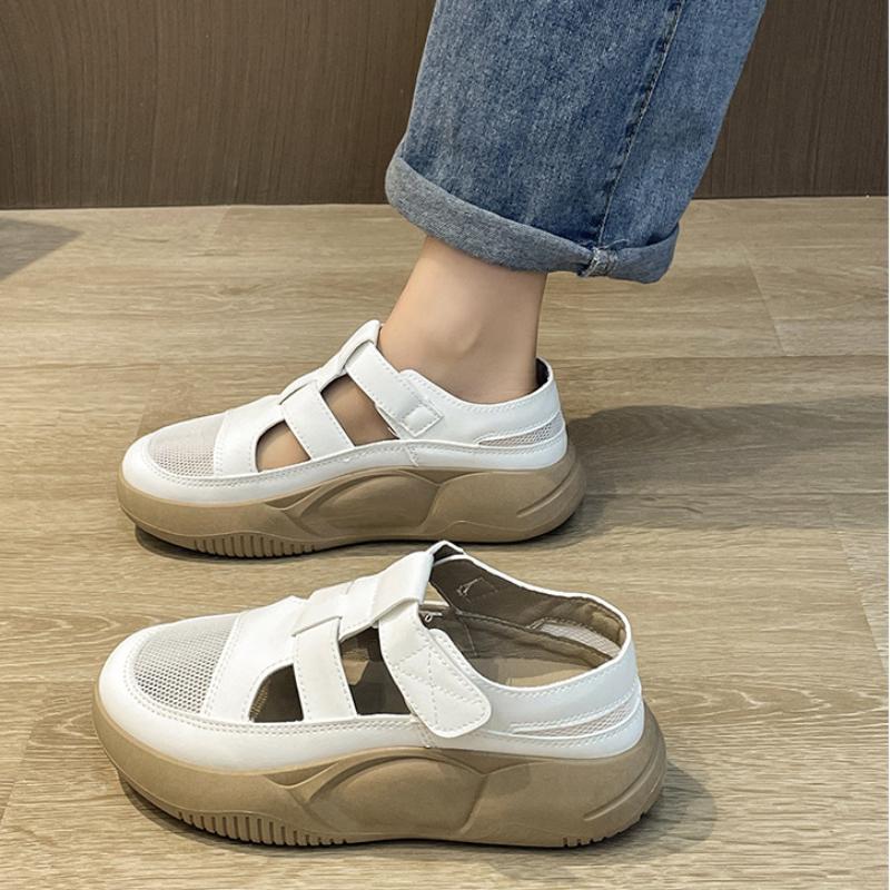 Hollow Out Summer Women's Shoes Middle Heel Waterproof Platform Sandals White Leather Thick Heels Soft Soles Half Drag Indoor