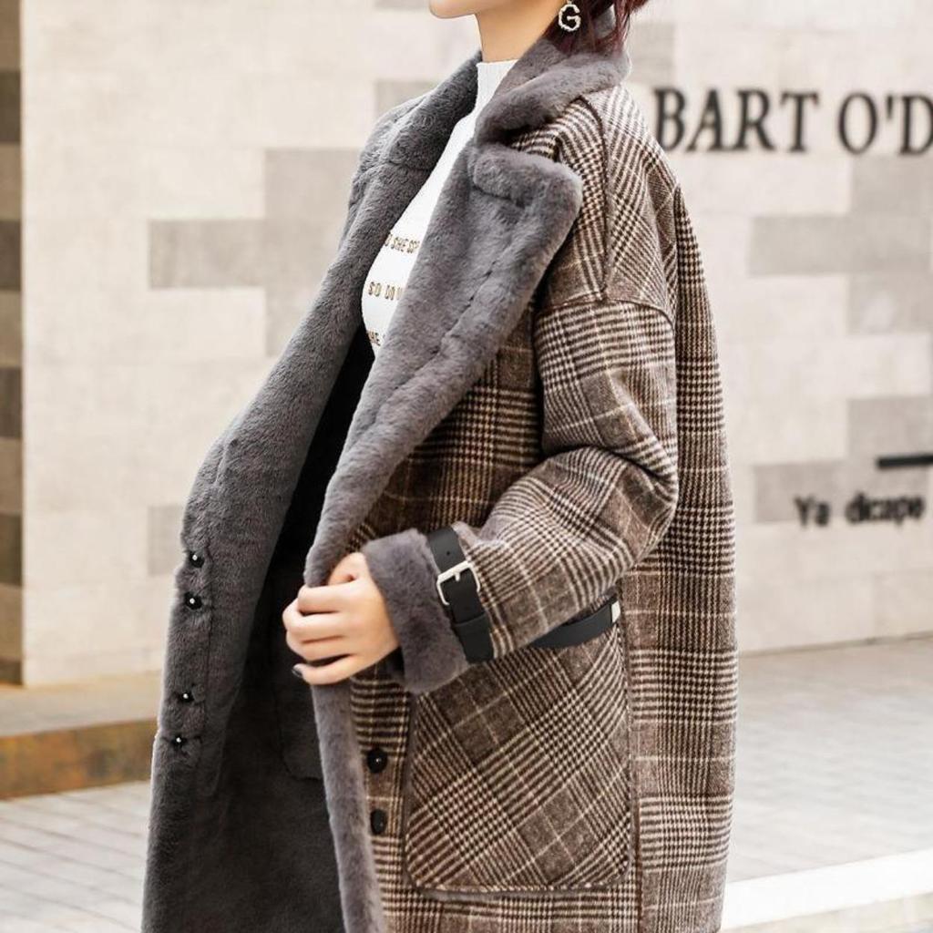 Plaid Faux Leder Pelz Parka Mantel Frauen Herbst Winter Neue Lamm Pelz Weibliche Mantel Fügen Samt Warm Zu Halten Oberbekleidung