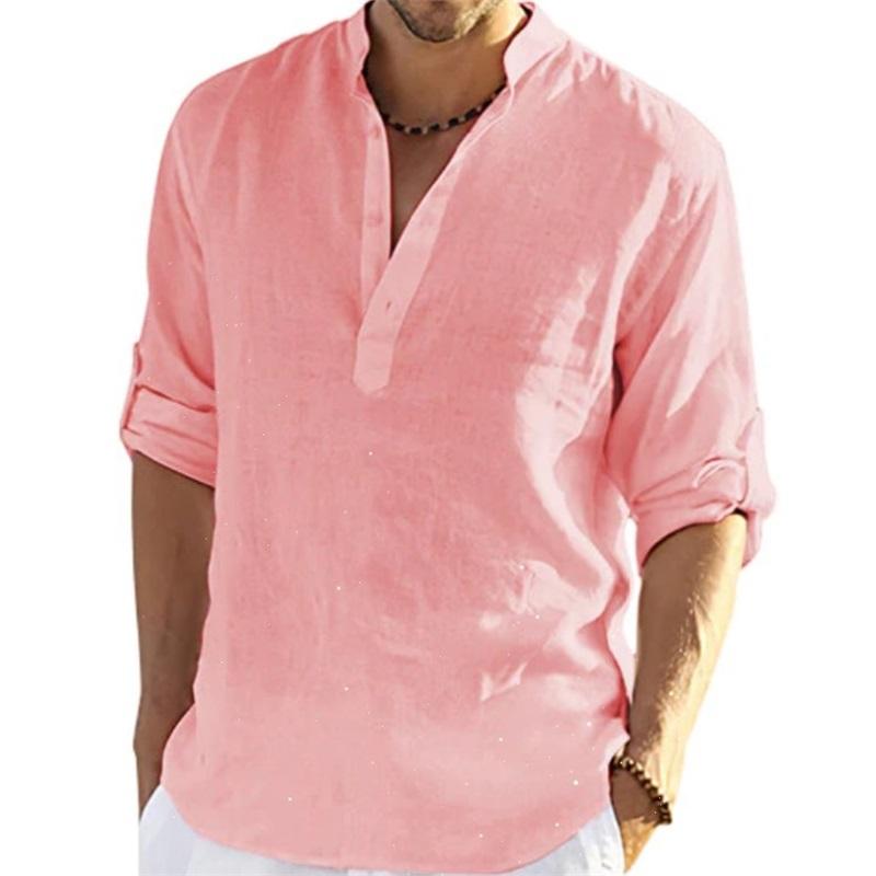 Men's Casual Cotton And Linen Solid Color Long-sleeved Shirt Loose Stand-up Collar Shirt Men