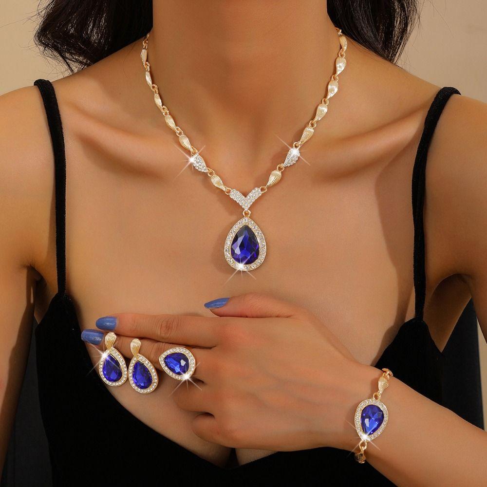 Light Luxury Rhinestone Inlaid Jewelry Set Water Drop Pendant Women Jewelry Set  Gifts