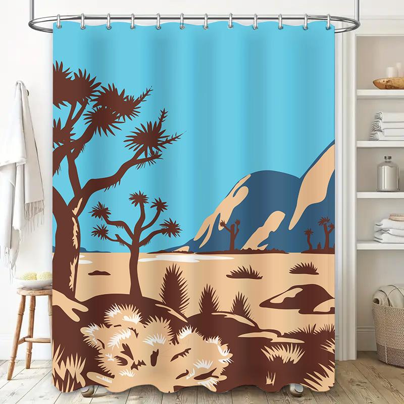 Artistic Desert Landscape Shower Curtain Blue Brown Color Block Design Bathroom Decorative Waterproof Fabric Custom Size Availab