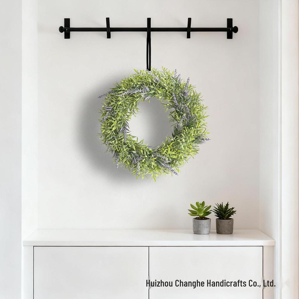 Artificial Lavender and Bamboo Leaf Wreath with Pink Flowers for Home Decoration