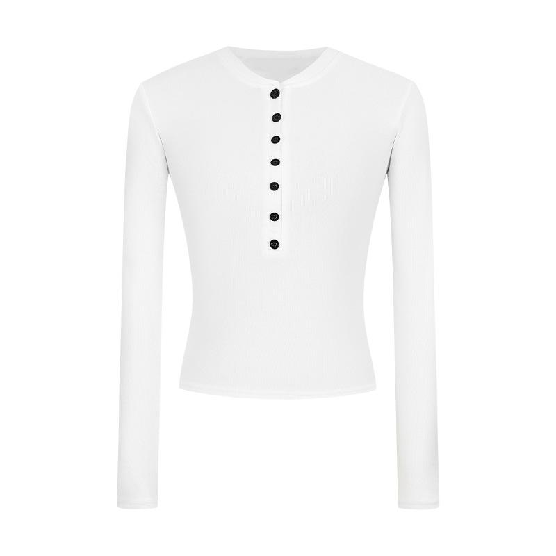 Women's Slim Fit Half Button Ribbed Knit Top Casual Long Sleeve Crop Tee