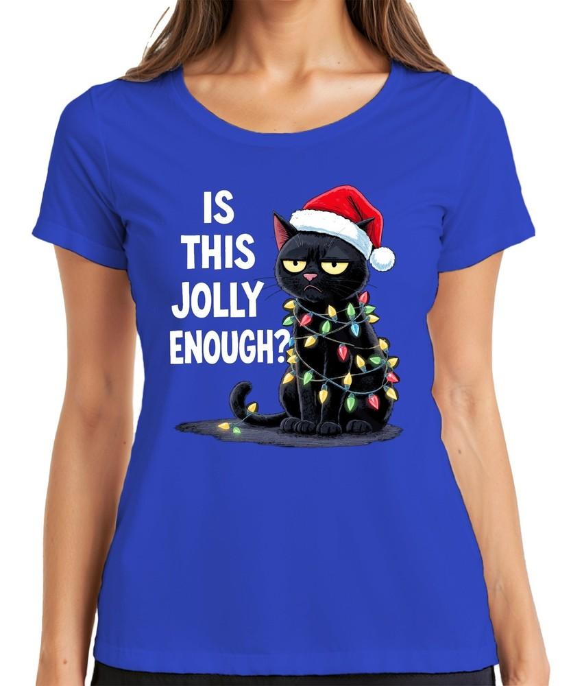 Is This Jolly Enough Christmas Cat Sarcastic Santa Hat Ladies TShirt