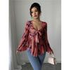 Women's Floral Print Bell Sleeve Peplum Top V Neck Tie Front Blouse