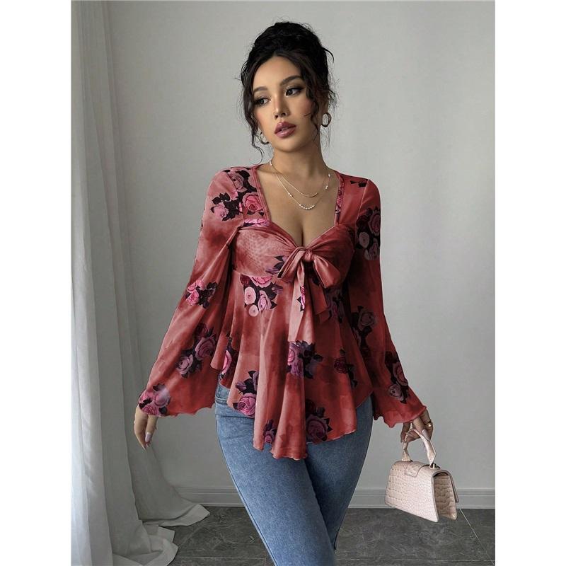 Women's Floral Print Bell Sleeve Peplum Top V Neck Tie Front Blouse