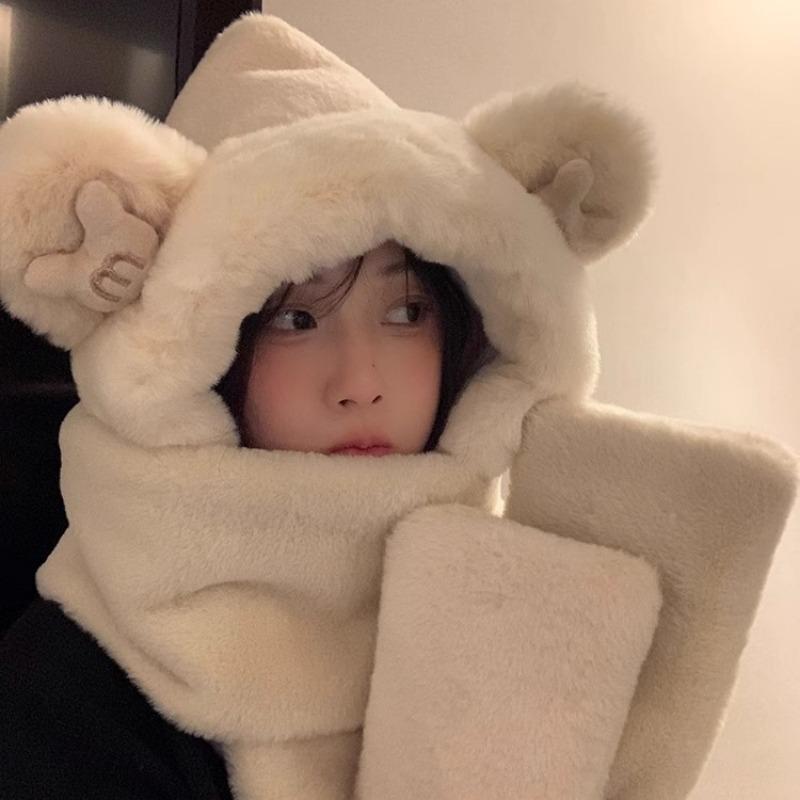 Bear ears hat scarf integrated women's winter cute plush thickened warm scarf gloves three-piece set