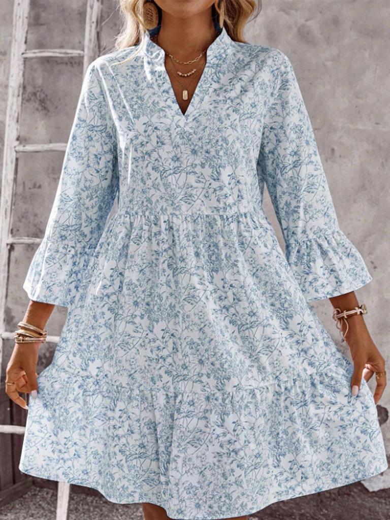 European & American Style Floral Bell Sleeve V-neck Midi Dress for Women