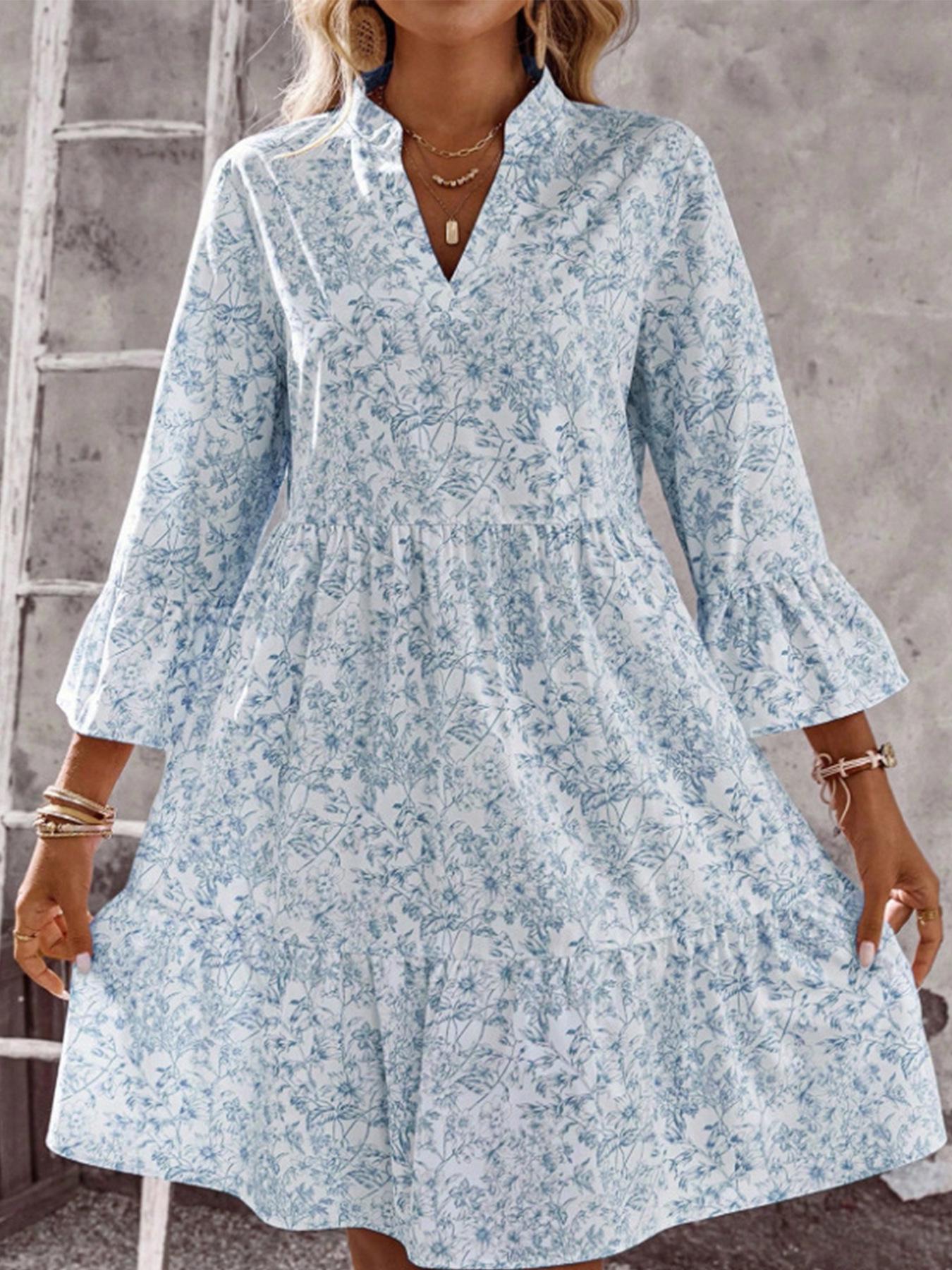 Europäischer & Amerikanischer Stil Florales Glöckchenärmel V-Ausschnitt Midi-Kleid für Damen S himmelblaue