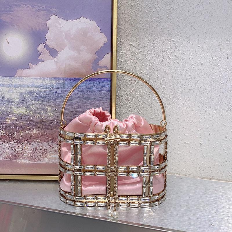 Metal Shiny Ineffectual Water Diamond Hollow Simple Vegetable Basket Banquet Silk Satin Bucket Messenger Bag